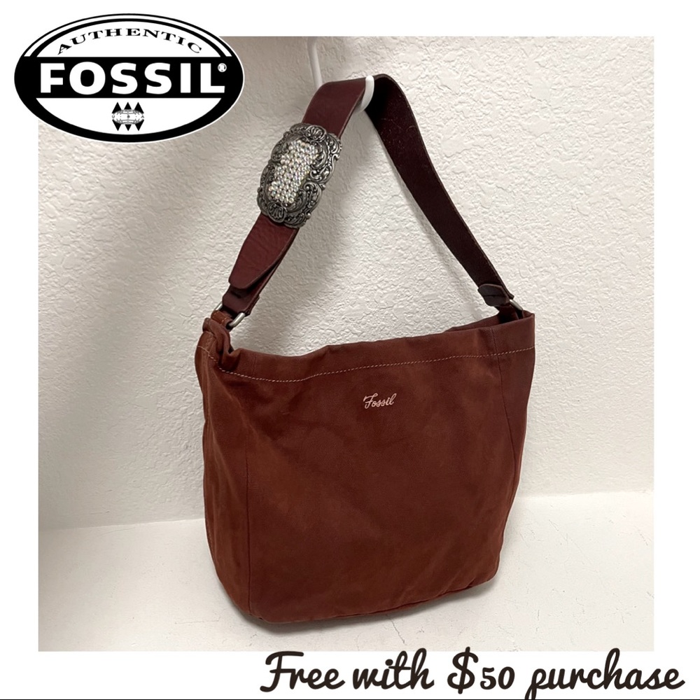 FOSSIL •Brushed Canvas/Wide Leather Strap Shoulder Bag with Rhinestone Buckle